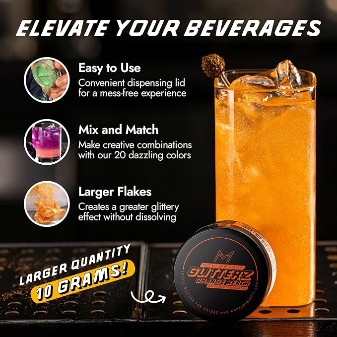 MONÉGASQUE Orange Edible Glitter for Drinks 10g – Edible Glitter for Cakes & Cocktails – Orange Cupcakes & Cake Decorations Spray Sprinkles – Drink Shimmer Powder for Cocktail Sparkles