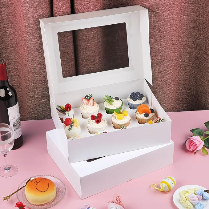 Cupcake Box, Disposable Cupcake Container Bulk, Auto-pop up, 6 Pcs, White | Cupcake Holder Holding 12 Count Cupcakes, Cupcake Carrier with Window, Easy To Assemble, Transport and Store Cupcake, Sturdy