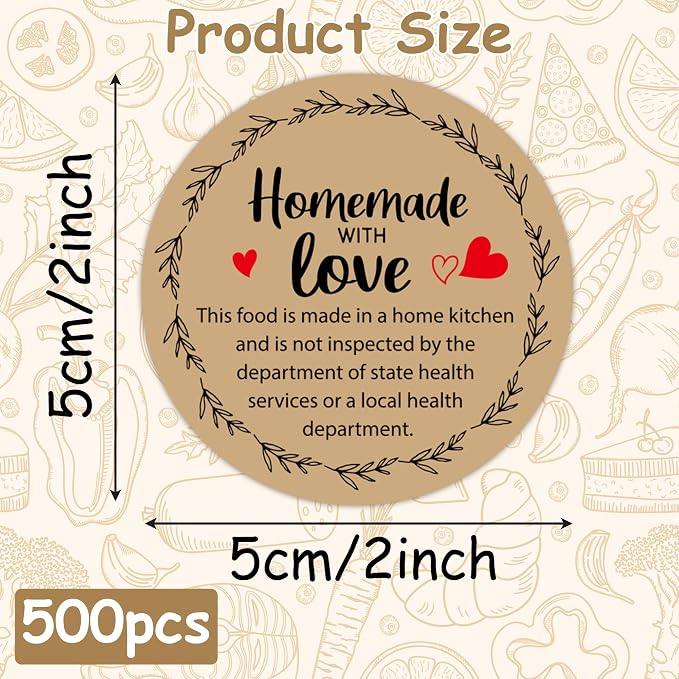 PANTIDE Cottage Food Law Labels Stickers - 500 Count Homemade with Love Adhesive Round Decal Roll, Made in A Home Kitchen Inspection Statement Thermal Printed for Packaging (2 x 2 Inch, Kraft Brown)