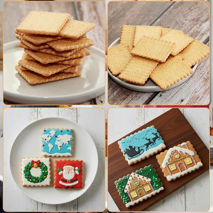 6Pcs Rectangle Cookie Cutter Set with Scalloped Edge Biscuit Cracker Cutters For Baking Fluted Plaque Frame Rectangluar Shapes Fondant Molds Geometric Square Wavy Pastry Molds Assorted Sizes