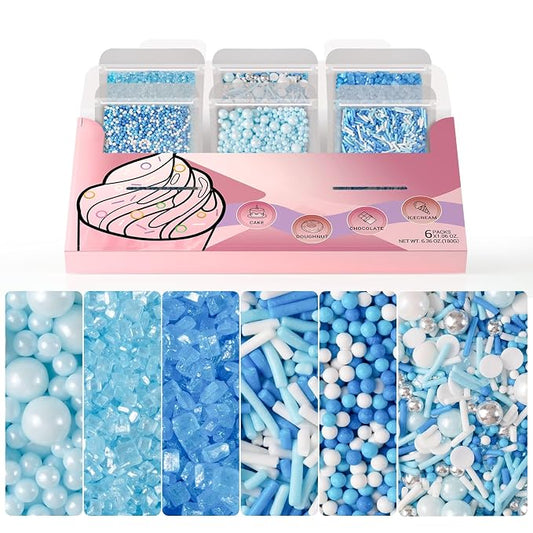 HUEBEATY 6-in-1 Blue and White Sprinkles for Cake Decorating – 180g/6.36oz Edible Baby Shower, Hanukkah, Frozen & Winter Sprinkles with Baby Blue Sugar, Nonpareils, Pearls & Jimmies for Cupcakes, Cookies, Ice Cream