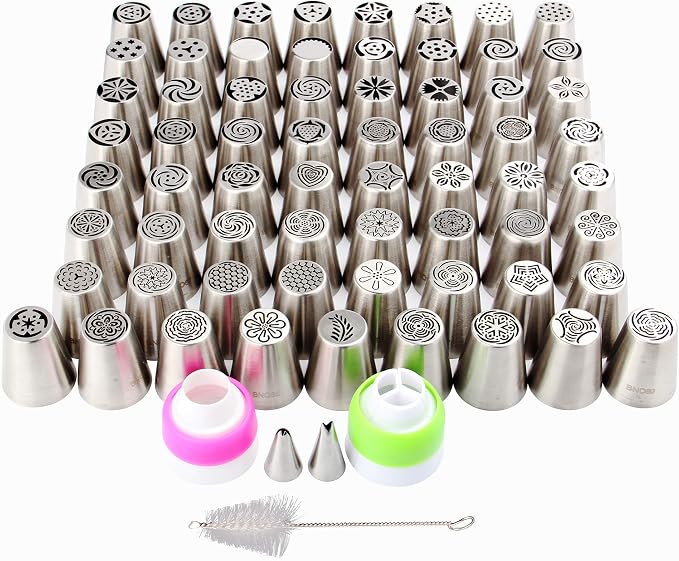 65 Pieces Stainless Steel Large Russian Piping Tips Kit,1 Cleaning Brush,2 Plastic Coupler,2 Leaf Icing Tip,10 Pastry Bags,Cupcake Dessert Baking Tools for Cake Decorations