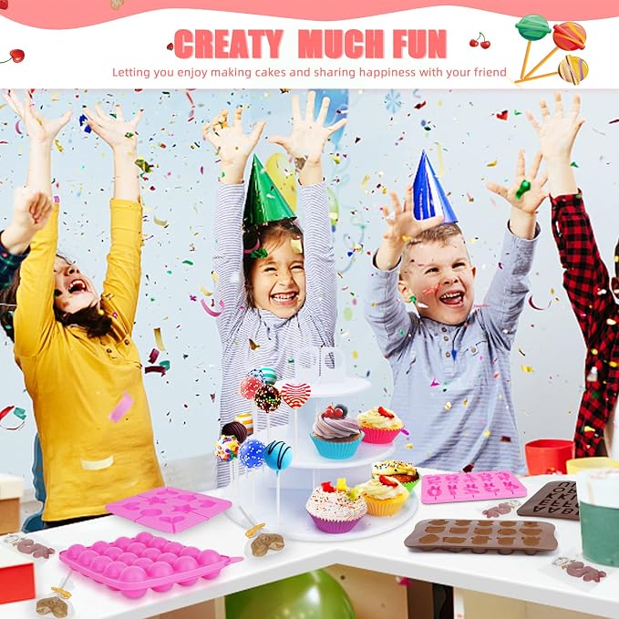 Cake Pop Maker Kit 618Pcs with 5 Silicone Mold Sets - 3 Tier Display Stand, Chocolate Candy Melting Pot, Piping Tips and Coupler, Measuring Cup, Muffin Cupcakes, Lollipop Sticks, Valentine Easter Gift