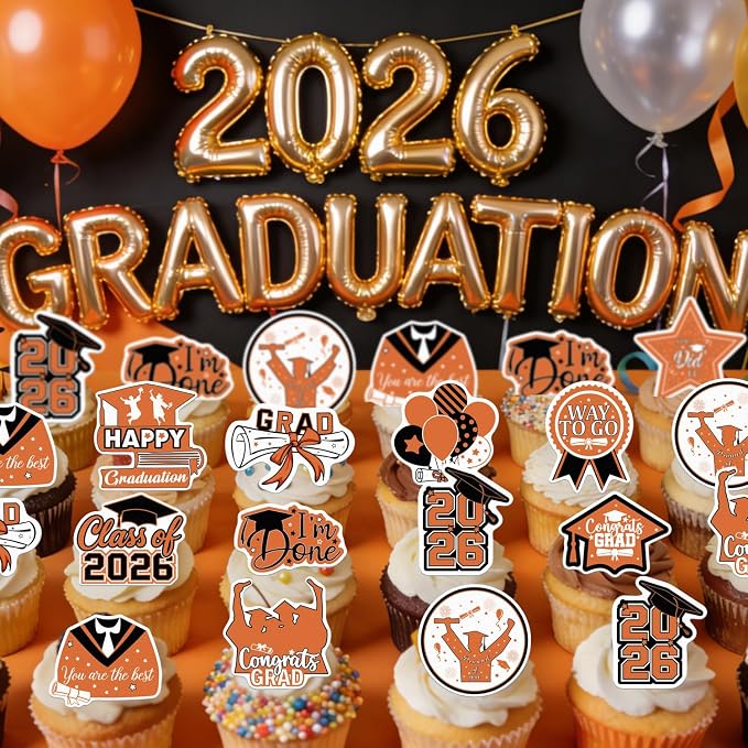 48pcs Edible 2026 Graduation Cupcake Toppers Wafer Paper Orange Class of 2026 Cake Decorations Edible Congrats Grad Cupcake Picks for 2026 Graduation Theme Party Cake Supplies