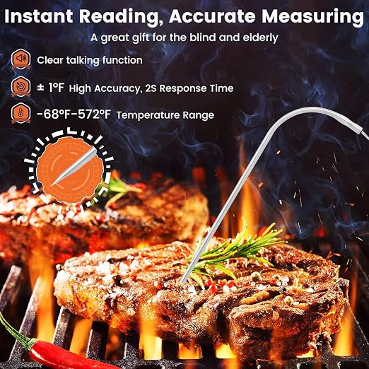 Leepenk 2025 New Upgrade Digital Talking Meat Thermometer with Clear Voice Broadcast for The Blind and Elderly, Probe Thermometer for Cooking with Large Touchscreen, Oven Safe for Kitchen and Grill