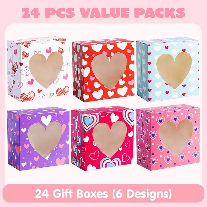JOYIN 24 Pcs Valentine’s Day Bakery Treat Boxes,Valentines Cupcake Boxes,Cookie Cardboard Boxes with with Heart PVC Window for Holiday Pastries,Wedding Doughnut