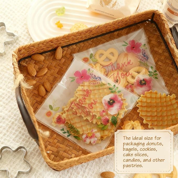200pcs 5.5x5.5in Thank You Candy Bags Individual Cookie Wrappers Pink Flower Self Adhesive OPP Cookie Bakery Bags Roasting Treat DIY Translucent Plastic pouches