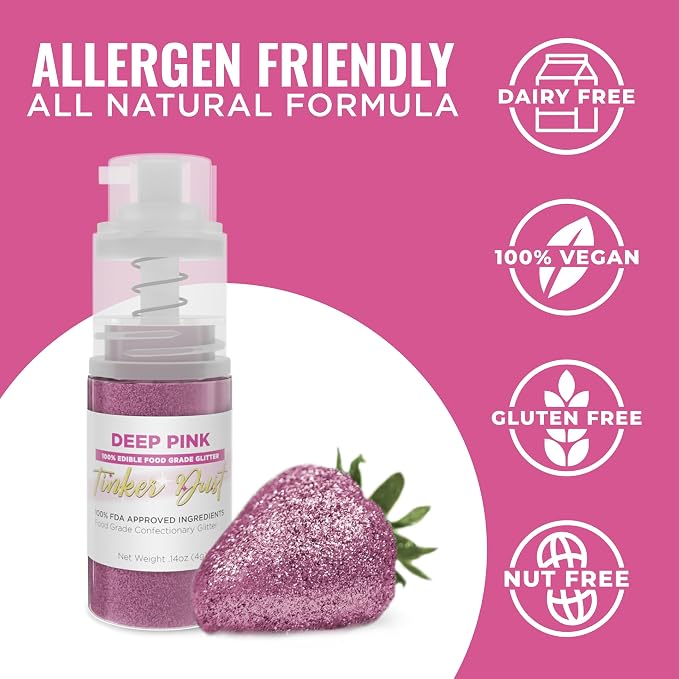Bakell - Deep Pink Tinker Dust (4g, 1x Mini Spray Pump) Edible Glitter for Food, Desserts, and Baked goods!