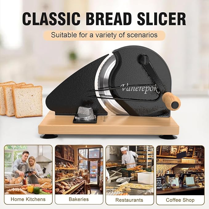vanerepok Manual Bread Slicer Adjustable Thickness for Homemade Sourdough | Hand Crank Bread Cutter with Scale & Stable Suction Cups & Wood Base for Even Slicing Perfect Baking Gift for Home Bakers