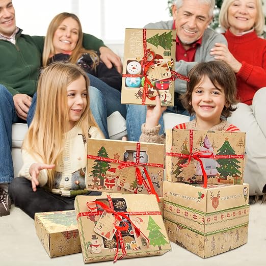 12 Packs Brown Christmas Cookie Boxes with Window for Gift Giving, Cute Cartoon Christmas tree/snow man/penguin Pattern Holiday Bakery Treat Boxes, Baking Box Xmas Kraft Boxes with Ribbons and DIY Gift Tags, Pastry, Candy, Party Favors