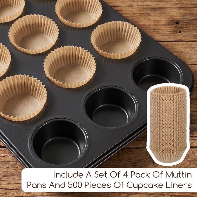 4 Pcs Muffin Pan for Baking, 12 Cup Nonstick Carbon Steel Cupcake Pan with 500 Natural Cupcake Liners, Carbon Steel Muffin Cupcakes Tary Baking Supplies, Standard CupcakePan
