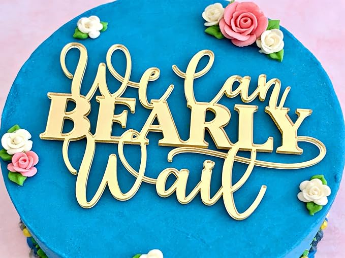 "We Can Bearly Wait" Baby Shower Cake Topper, Gold Acrylic Bear Theme Party Cake Topper, Welcome Baby,Pregnancy Announcement,Baby to Be for Baby Shower Party Supplies,Gender Reveal Photo Props