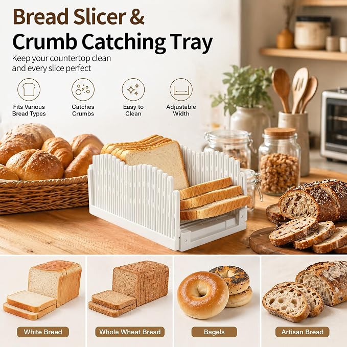 Bread Slicer for Homemade Bread, Foldable Compact with Adjustable Width | Bread Slicer with Scale Markings, Non-Slip Pad, Seamless Crumb Tray, For Home Bakers & Cooking Enthusiasts, Easy Storage