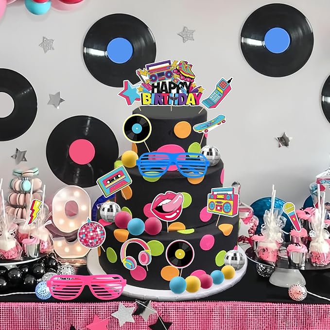 80s Cake Decorations 27PCS 90s Cake Topper Retro Hip Hop Cakes Decorations 1980s Disco Ball Cakes Toppers for 80s 90s Party Decorations