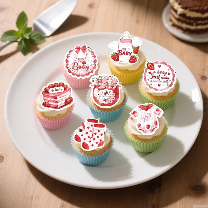 63 PCS Edible Baby Shower Cupcake Toppers Wafer Paper Berry Sweet Strawberry Cupcake Picks Edible Oh Baby It's a Girl Cake Decorations for Gender Reveal Baby Shower Girls Birthday Party Supplies Red