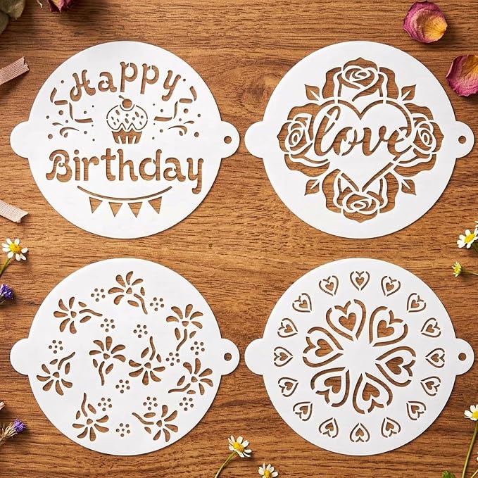 4Pcs Happy Birthday Cake Stencil, Patterns Hearts Floral for Baking | 4Pcs cake stencils:Happy Birthday,Hearts,Love,Floral.Food-grade PET,reusable,smooth edges.For fondant,buttercream,cookies