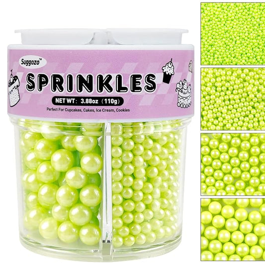 Green Sprinkles for Cake Decorating, 110g/3.88oz Green Pearl Sprinkles 4 Sizes Mix for Cake Cupcake Cookie Baking Donuts Ice Cream Toppings，Wedding Party Easter Supplies