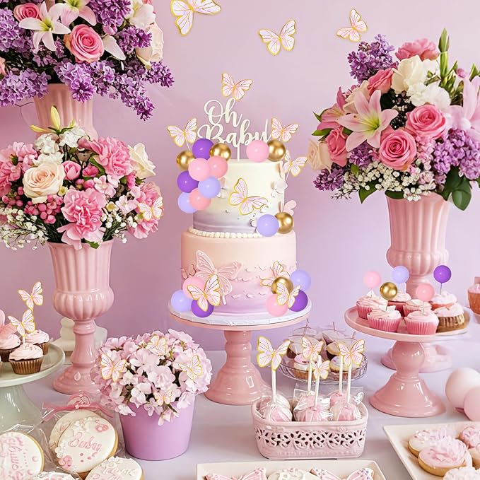 Pink Purple Butterfly Cake Toppers 47Pcs Pastel Balls Cake Toppers Butterflies Cupcake Decoration Balls Cupcake Insert Foam Balloons Cake Topper for Baby Shower Wedding Bridal Shower Party