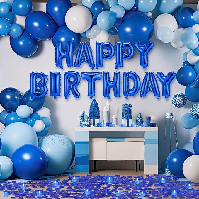 Blue Happy Birthday Balloons Decorations Happy Birthday Letter Balloons Banner Set with 24pcs Heart Flameless LED Candles and 2000pcs Artificial Rose Petals for Women Men Room Party Decor