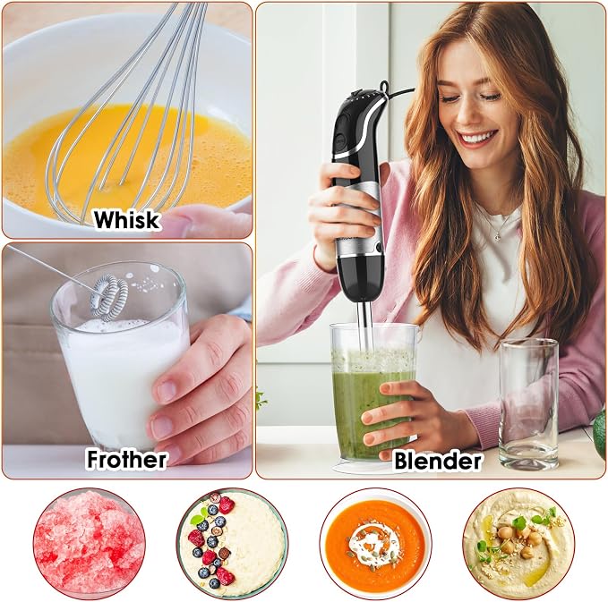 Blackcow Immersion Blender Handheld, Corded Hand Blenders Set 800W, 12 Speed Stick Blender 5 in 1 Stick Emulsifier with Chopper, Whisk and Frother for Soup, Baby Food and Smoothies, Black