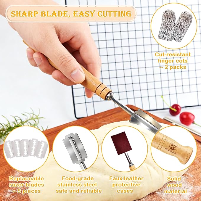 Bread Lame and Flour Duster, 304 Stainless Steel Bread Baking Supplies with Razor Blades & Leather Cover, Professional Bread Scoring Knife, Flour Duster for Baking