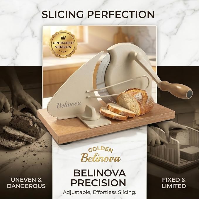 Sourdough Bread Slicer for Homemade Bread, Adjustable Thickness, Hand Crank | Adjustable thickness up to 0.9 in, 430 stainless steel blade, anti-jam guide, solid wood base, suction feet, and hand crank.