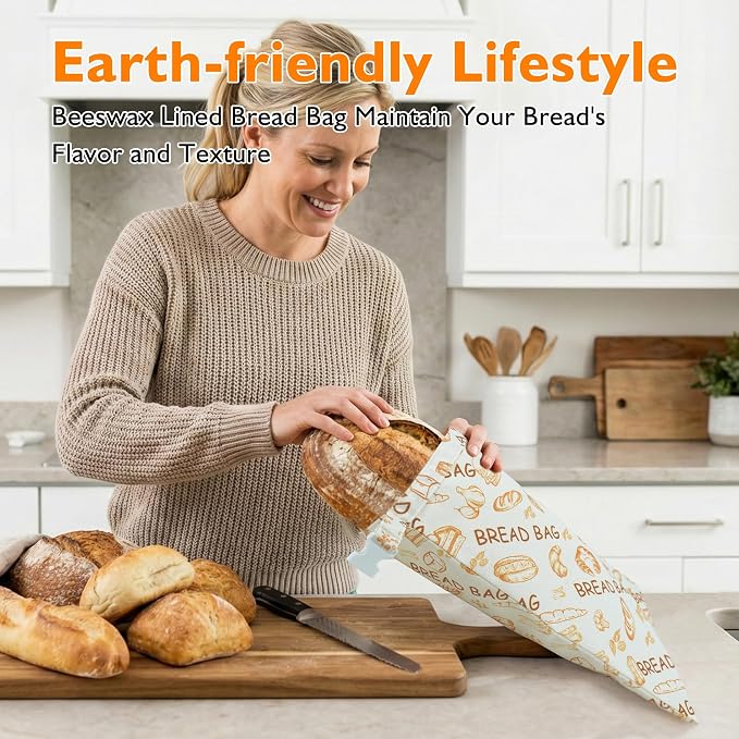 2 Pack Bread Bags For Homemade Bread,Cotton Beeswax Bread Bags For Sourdough,Waxed,Reusable Cloth Bread Bag With Locks For To Go Picnic Food Packaging