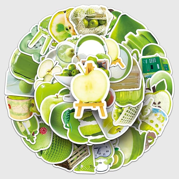 50 Pcs Green Apple Stickers - Ins Style Kawaii Cute Vinyl Decals for Journal, Laptop, Phone Case, Scrapbooking - Waterproof Trendy Sticker Pack (Green Apple)