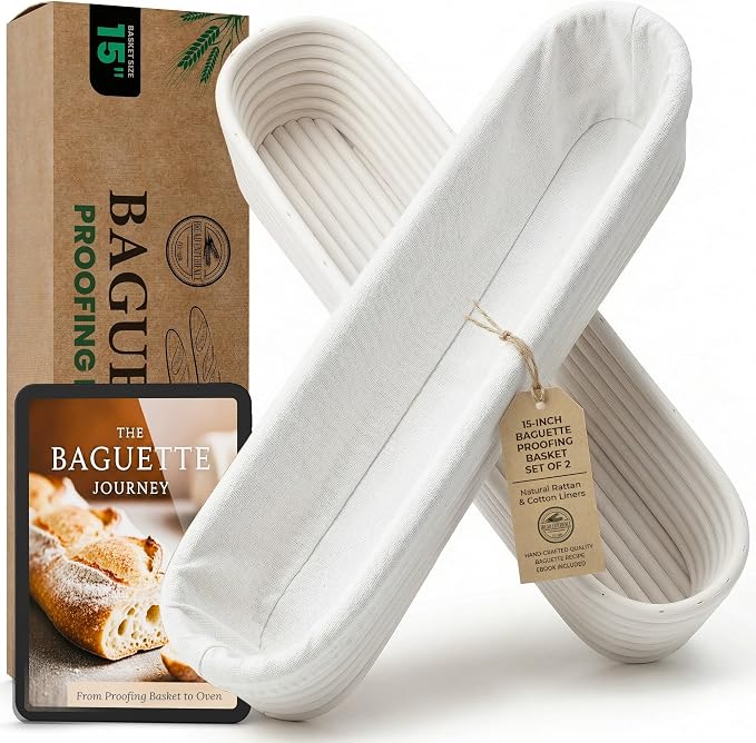 15 Inch Baguette Proofing Basket Set of 2 with Cotton Liners & Baguette Recipe eBook- Handcrafted Natural Rattan Banneton Bread Proofing Baskets for Sourdough- French Bread & Dough Rising