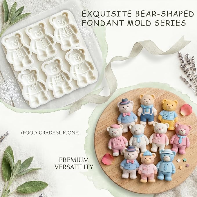 2Pcs 6-Cavity Dressed Bear Silicone Fondant Mold Teddy Bear Candy Molds for Cake Decorating, Cupcake Toppers, Chocolate, Polymer Clay, Jelly, Lollipop, Gender Reveal Desserts