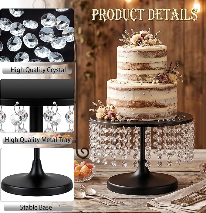 Metal Cake Stand Set with Crystal Pendants - Elegant Dessert Table Display for Weddings, Birthday Parties, Baby Showers, Events - Sturdy Crystal Bling Cupcake Stands for Pastries, Sweets, Decorations (Black, 2 PCS-L)