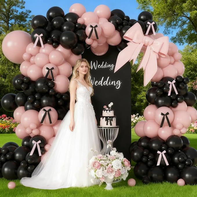 Pink Black Balloon Garland Arch Kit, 172Pcs Pink and Black Balloons for Coquette Birthday Wedding Baby Shower Bridal Shower Graduation Prom Party Decorations with Bows
