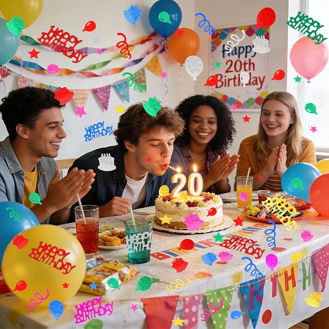 Birthday Confetti, Happy Birthday Party Glitter Table Confetti, 60g Multicolor Metallic Foil Cake Balloon Confettis Sprinkles Table Centerpiece for Baby Shower Party Decorations DIY Arts and Crafting