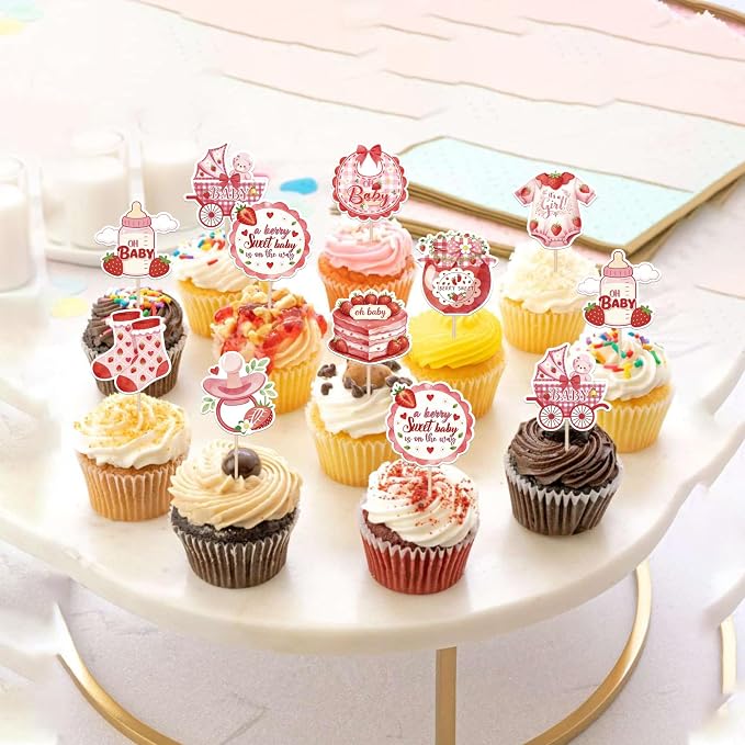 36 Pack Baby Shower Cupcake Toppers Double SidedBaby Bear Socks Clothes Strawberry Cupcake Picks A Berry Sweet Baby On The Way Cake Decorations for Gender Reveal Birthday Party Supplies