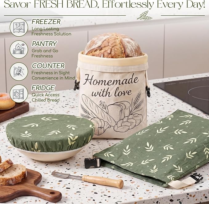 Mindsoft Beeswax Bread Bag for Sourdough, 12×15" Reusable Linen Dough Bag with Buckle, 10" Proofing Bowl Cover, Natural Beeswax Bread Storage for Homemade Sourdough Breads Freshness Freezer