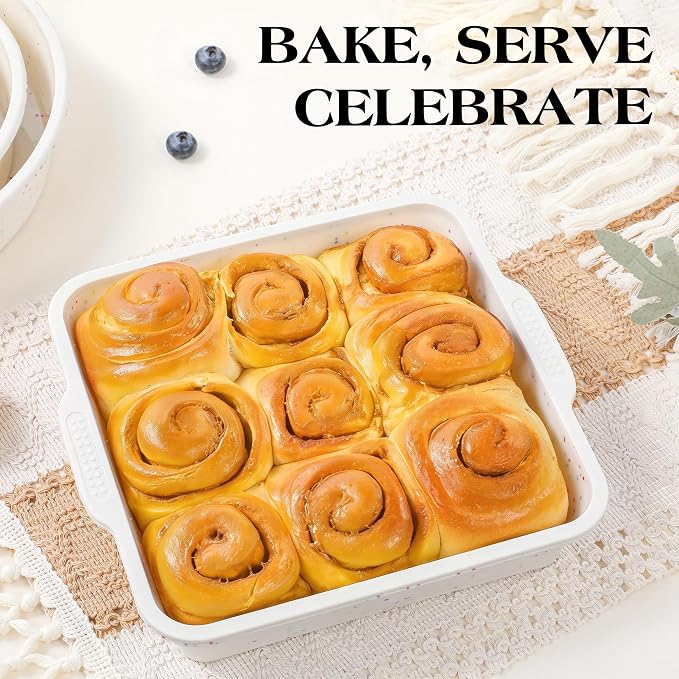 8x8 inch Silicone Square Cake Pan with Metal Reinforced Frame, Nonstick Brownie Pan for Baking, BPA Free Set of 2 (Cream)