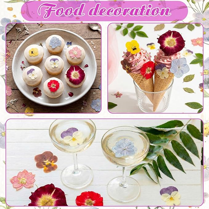 96 Pcs Natural Dried Pressed Edible Flowers for Cake Topper Decorating Cupcake Toppers Cocktails Resin Jewelry Making DIY Art Crafts