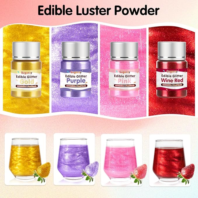4 Colors Edible Glitter Set (8g/Bottle),Gold Red Purple and Pink Powder,Food Grade Shimmer Dust for Drinks & Baking,Vegan & Gluten-Free,Perfect for Birthday,Patriotic Holidays Party,Cocktails,Wine,Cakes,Cupcakes,Strawberries Decorating