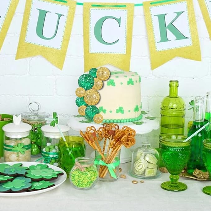 BEISHIDA 40 Pcs Ball Cake Toppers Mini Balls Cake Decorations Green Gold Foam Balls Sticks DIY Cake Topper for St Patrick's Day Congrats Grade 2026 Graduation Birthday Decorations (Green Gold)