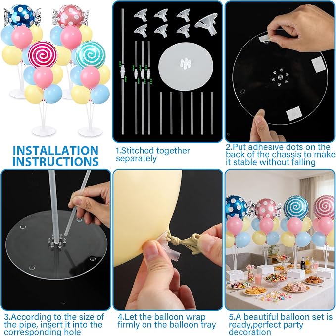 4 Sets Pastel Sweet Candy Theme Party Balloons Stand Kit with Lollipop Candies Foil Balloons Party Balloon Centerpiece for Tables for Candy World Birthday Party Candies Themed Decoration
