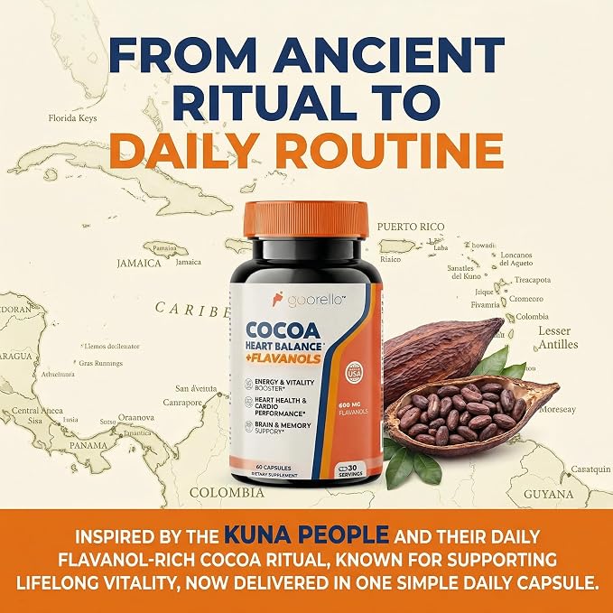 600mg Cocoa Flavanols – Heart Health & Circulation Support Supplement – Promotes Nitric Oxide Production & Energy – Vegan – 60 Capsules (30 Day Supply)