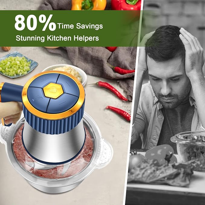 Food Processor, 5-Speed Food Chopper, Electric Meat Grinder, Blue | 2 Bowls (8 Cup+8 Cup) & 2 Sets of Blades, Meat Processor for Meat, Vegetables, Fruits and Nuts