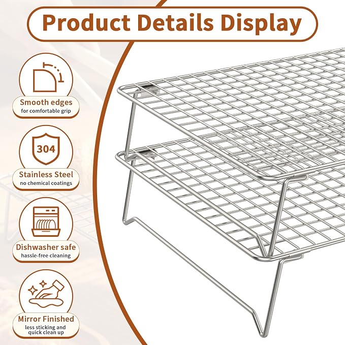 2-Tier Cooling Rack for Baking, 304 Stainless Steel Stackable Wire Baking Rack, Oven & Dishwasher Safe, Fits Half Sheet Pan for Roasting, Bacon, Cooling & Air Fryer Cooking, 13.4"x9.4"
