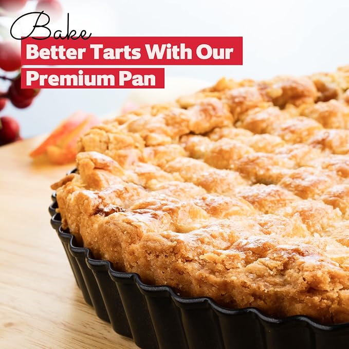 Tart Pan 11 Inch Removable Bottom- Carbon Steel Deep Quiche Pan, Rust, & Temperature Resistant 550-600 °F– Non-Stick, Perfect for Baking Fruit Tarts, Quiches & Dessert