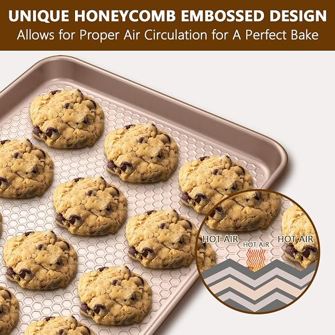 Wildone Baking Sheet Pan Set, Honeycomb Embossed Nonstick Baking Sheet 15x10 In, Thicker Carbon Steel Cookie Sheet, Even Heating Jelly Roll Pan, Rose Gold, 2 Pack