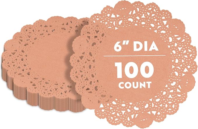 Pastry Tek 6 x 6 Inch Paper Lace Doilies, 100 Disposable Table Doilies - Elegant Lace Finish, Long Lasting, Coral Paper Doily, for Pastries, Cupcakes, Desserts - Restaurantware