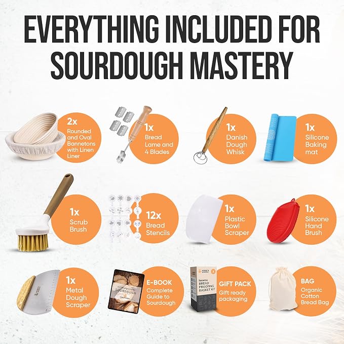 Complete Banneton Bread Proofing Basket Set - 9" Round & 10" Oval Baskets - Sourdough Starter Kit - Sourdough Bread Baking Tools and Supplies Include Dough Whisk, Scrub Brush, Lame - Complete Gift Kit