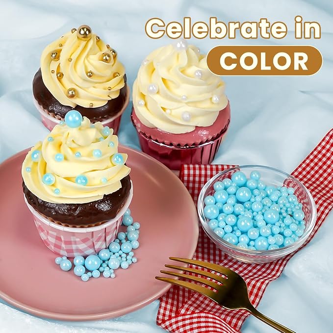 Edible Blue Pearl Sprinkles, Edible Sugar Sprinkles, Blue Pearls for Cake Decorating, Cupcake Toppers, Cake Decorations, Wedding Party Easter Supplies, 180g/6.35oz