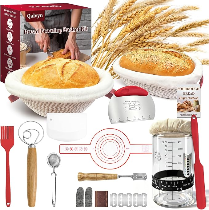 Sourdough Bread Baking Supplies, Sourdough Starter Kit with Cotton Rope Oval & Round Bread Proofing Basket and Sourdough Starter Jar, Artisan Bread Making Kit Ideal Gift for Bakers, Women Wife Mom Red