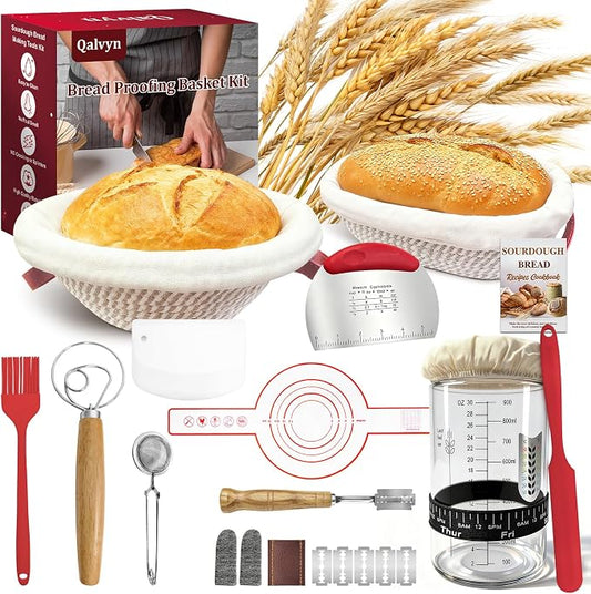 Sourdough Bread Baking Supplies, Sourdough Starter Kit with Cotton Rope Oval & Round Bread Proofing Basket and Sourdough Starter Jar, Artisan Bread Making Kit Ideal Gift for Bakers, Women Wife Mom Red